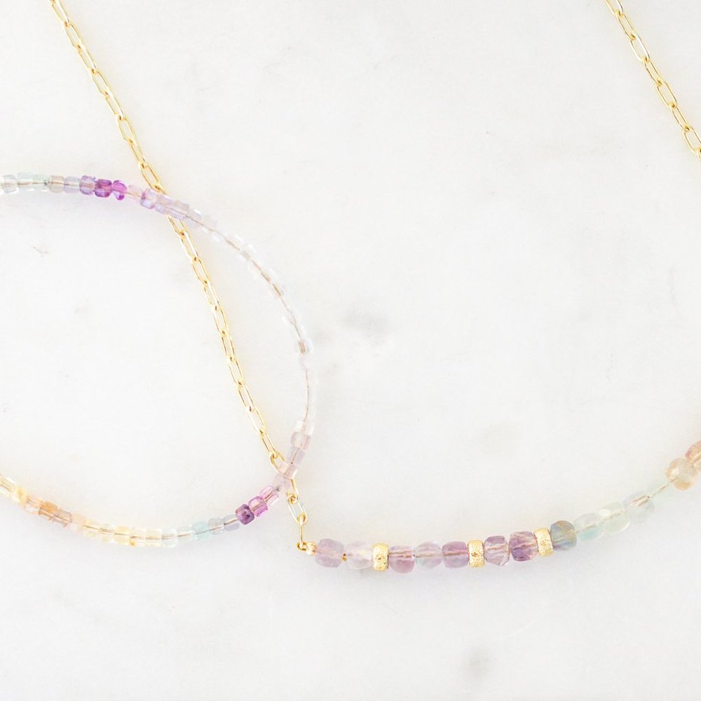 Pastel Gemstone Beaded Necklace Gold Paperclip Chain Waterproof Fluorite Crystal - Picture 6 of 13